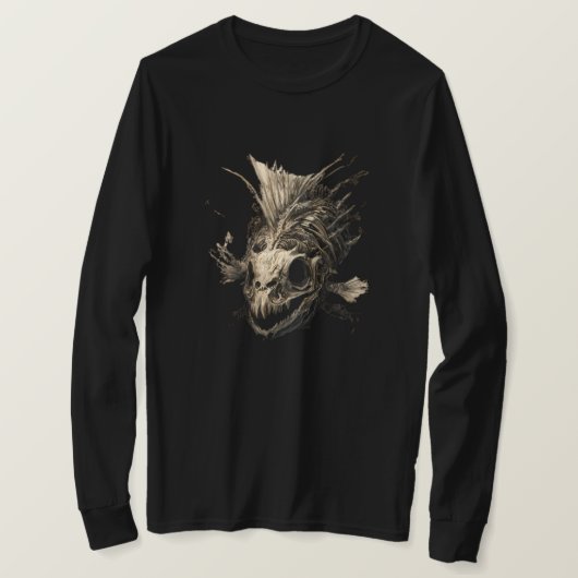 先史時代の魚の頭蓋骨 グランジ ダーク ロングスリーブ Tシャツ (デザイン正面)