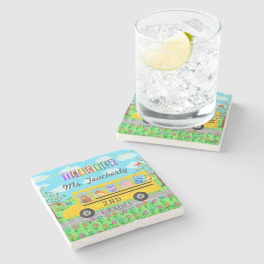 先生ありがとう名前をカスタムする|かわいいバスの動物たち ストーンコースター (横)