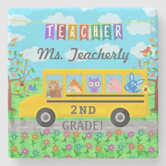 先生ありがとう名前をカスタムする|かわいいバスの動物たち ストーンコースター (正面)