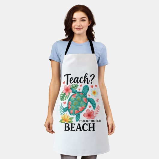 先生おもしろいビーチサマーカメ エプロン (着用した状態)