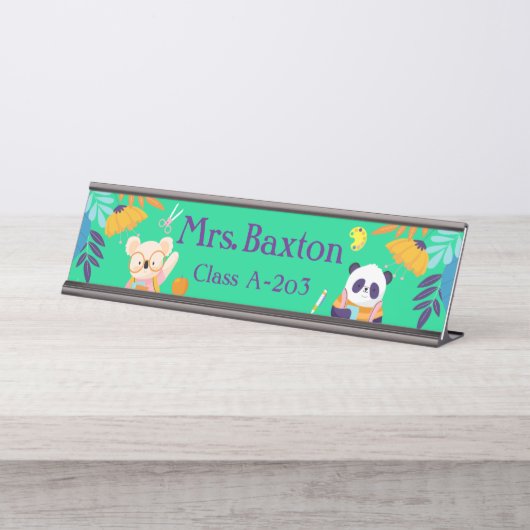 先生かわいい動物ジャングル教室の子供 デスクネームプレート (正面)