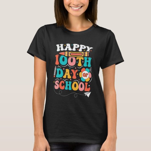 先生と子供たちにとって100日目の学校 100日目おめでとう Tシャツ (正面)