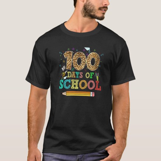 先生と子供たち学生のための100日目の登校 Leop Tシャツ (正面)