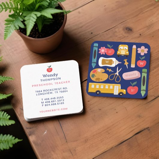 先生と家庭教師の学校用品アイコンイラストレーション スクエア名刺