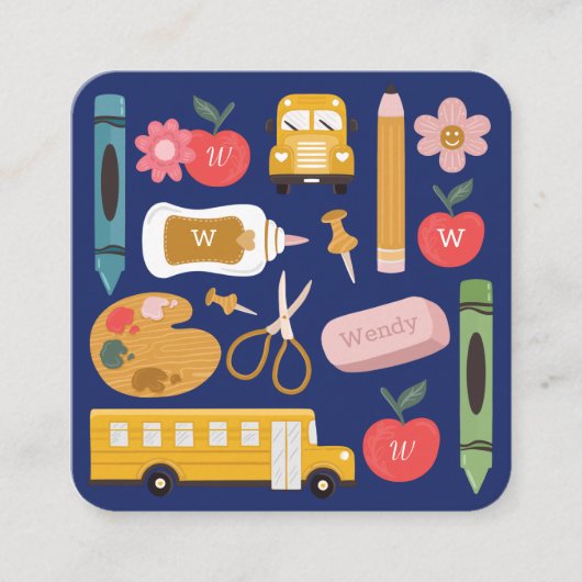 先生と家庭教師の学校用品アイコンイラストレーション スクエア名刺 (正面)