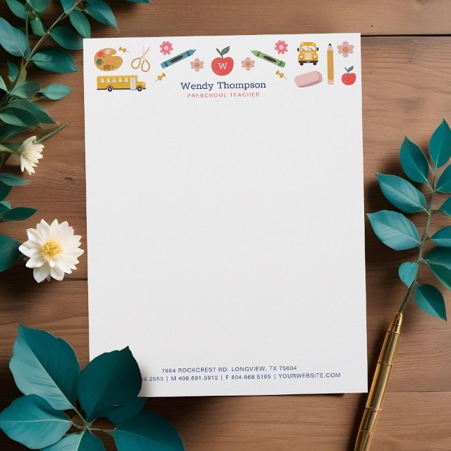 先生と家庭教師の学校用品アイコンイラストレーション レターヘッド (Teacher & Tutor School Supplies Icon Illustrations Letterhead)