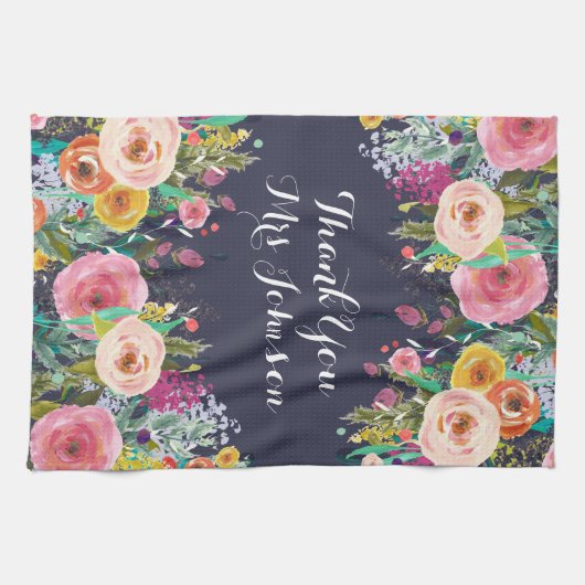 先生によって絵を描かれる花の台所タオルありがとう キッチンタオル (横)