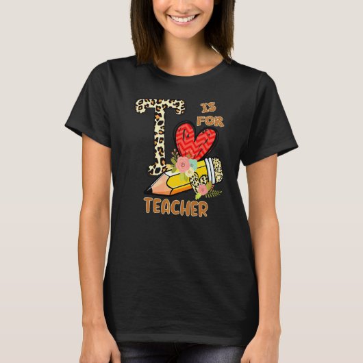 先生のためのヒョウ柄の花のデザイン 初登校日 Tシャツ (正面)