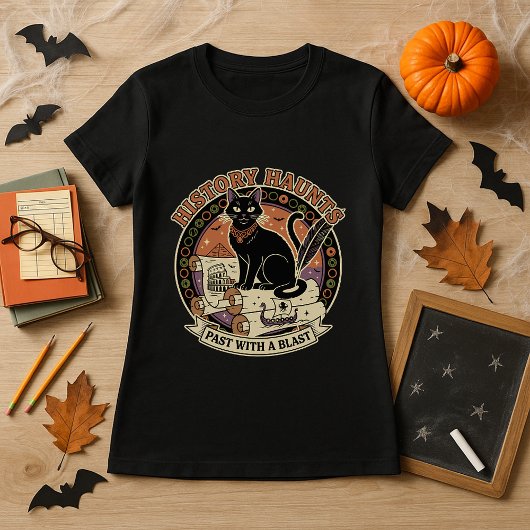 先生のハロウィーン歴史にまつわる猫と巻物 Tシャツ