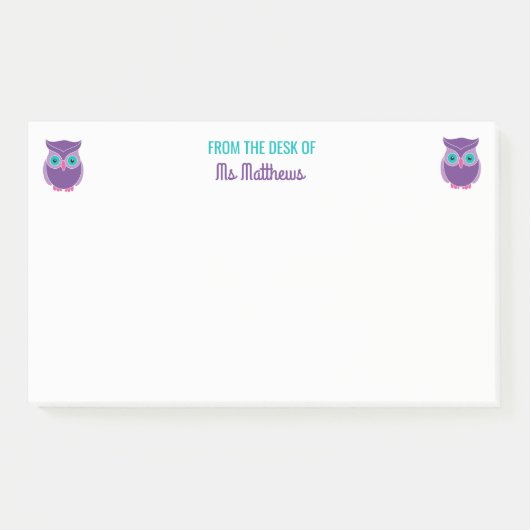 先生のフクロウのパーソナライズな紫色の机から ポストイット (正面)