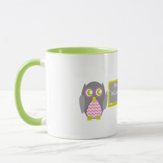 先生のマグ-黒板のシェブロンのピンクの灰色のフクロウ マグカップ (左)