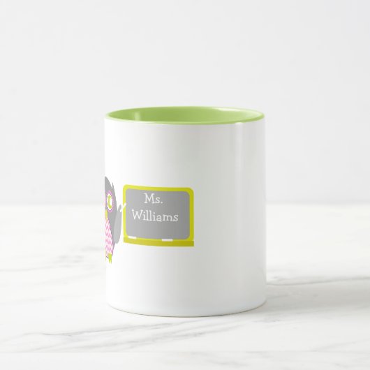 先生のマグ-黒板のシェブロンのピンクの灰色のフクロウ マグカップ (中央)