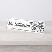 先生のモノグラムの白黒の上品の花 デスクネームプレート (正面)