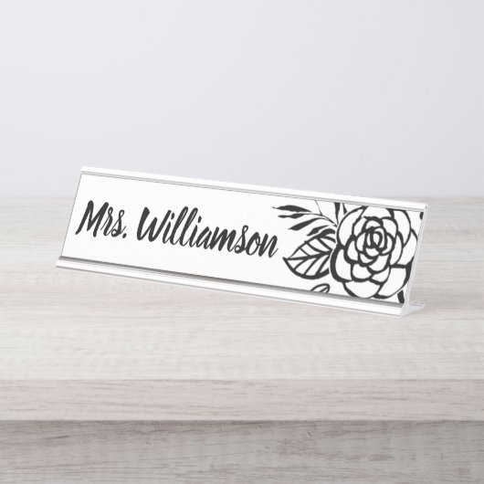 先生のモノグラムの白黒の上品の花 デスクネームプレート (正面)