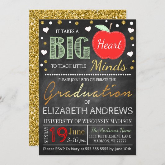 先生の卒業の黒板は大きいハートを取ります 招待状 (正面/裏面)