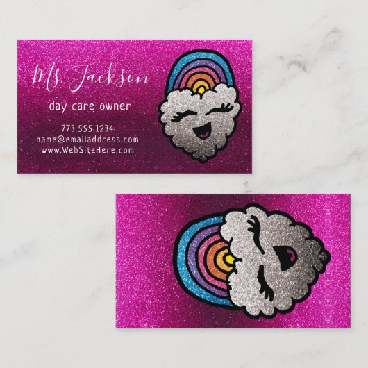 先生の名前レインボーグリッターハートクラウドキッズ 名刺 (正面/裏面)