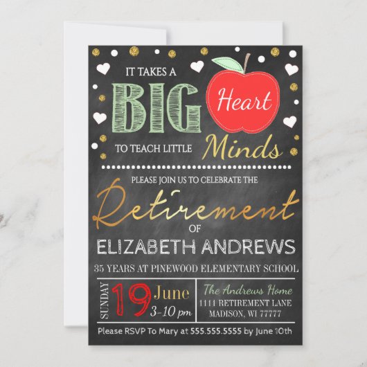 先生の引退という黒板が大きなハート 招待状 (正面)