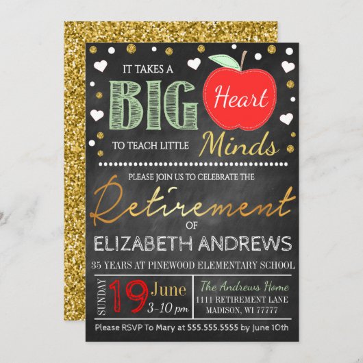 先生の引退という黒板が大きなハート 招待状 (正面/裏面)