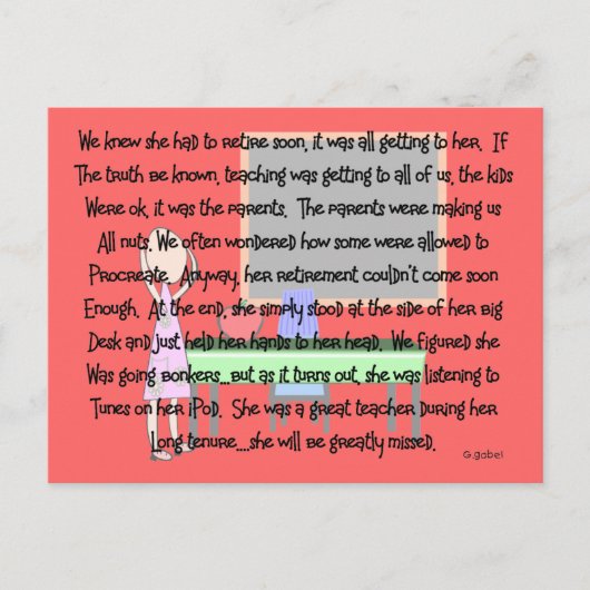 先生の引退「行き詰まり」ストーリーアートギフト ポストカード (正面)