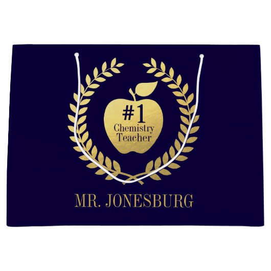 先生の感謝のフェイクな金ゴールドの名前をカスタムする ラージペーパーバッグ (正面)