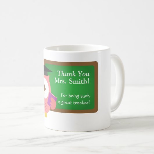 、先生の感謝日、かわいいピンクのフクロウありがとう コーヒーマグカップ (正面右)