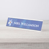 先生の教育者の水彩画の青い花のモノグラム デスクネームプレート (正面)