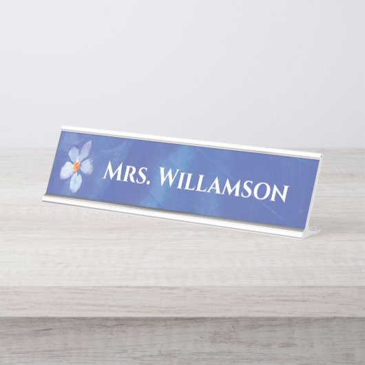先生の教育者の水彩画の青い花のモノグラム デスクネームプレート (正面)
