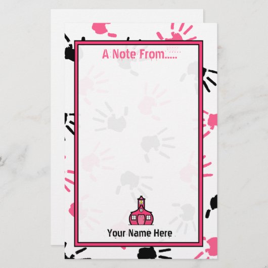 先生の文房具の-ピンク及び黒いHandprints 便箋 (正面/裏面)