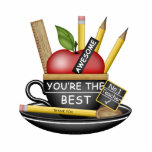 先生のApple Teacup フォトスカルプチャー<br><div class="desc">古い学校のBlackboard Teacupで先生のためのアップル，ありがとう"鉛筆"ティースプーン，茶のラベル，定規と黄色の鉛筆。膨大な範囲のおもしろいアイテムの先生のための完璧なギフトを選択。</div>