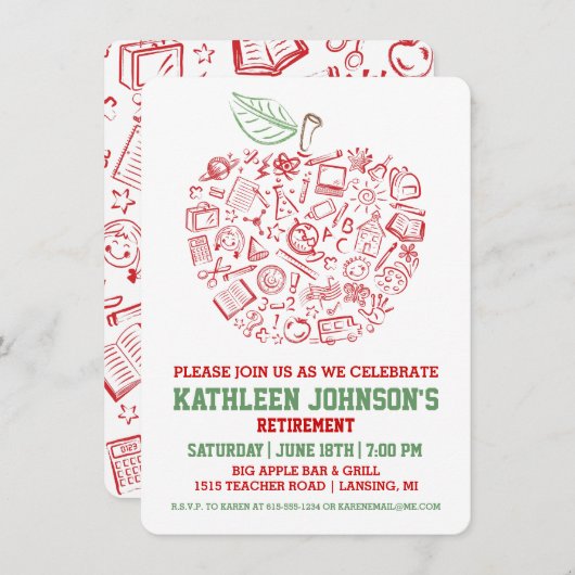 先生アップルリタイアメントパーティの招待状 招待状 (正面/裏面)