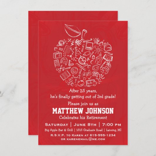 先生アップル退職パーティの招待状 – 赤 招待状 (正面/裏面)