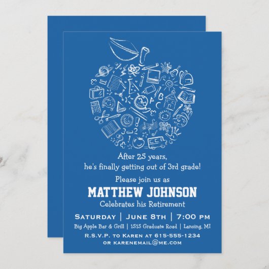 先生アップル退職パーティの招待状 – 青 招待状 (正面/裏面)