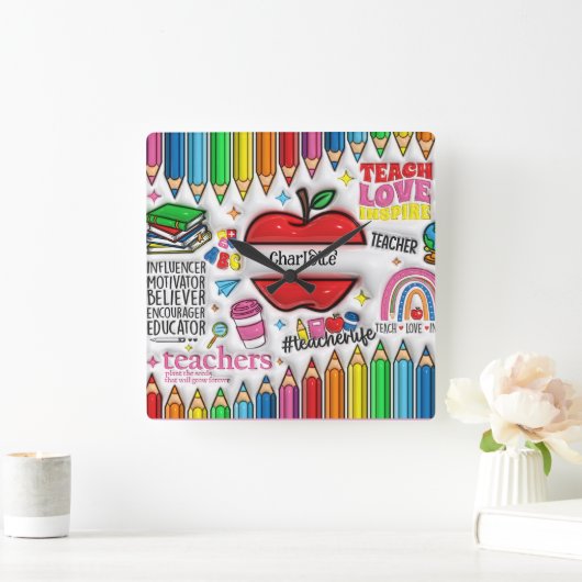 先生インスパイア:、成長、心、ハート スクエア壁時計 (ホーム)