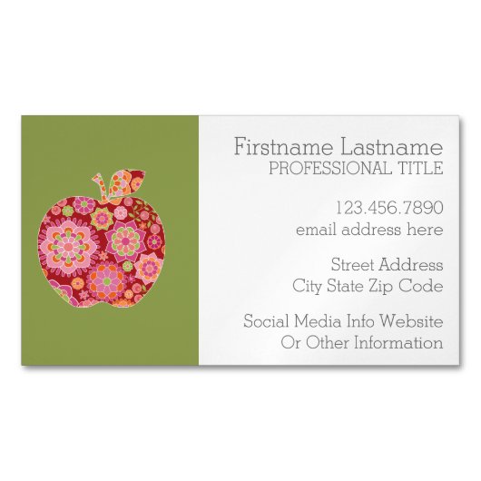先生カスタムリンゴトレンディー花柄 マグネット名刺 (正面)