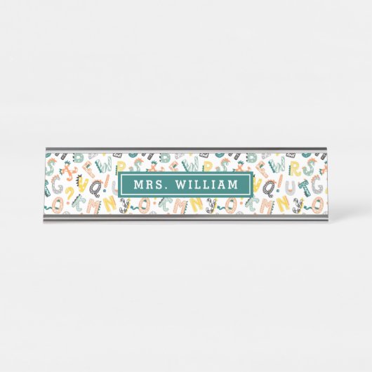 先生カスタム名可愛いディノアルファベットパターン デスクネームプレート (正面)