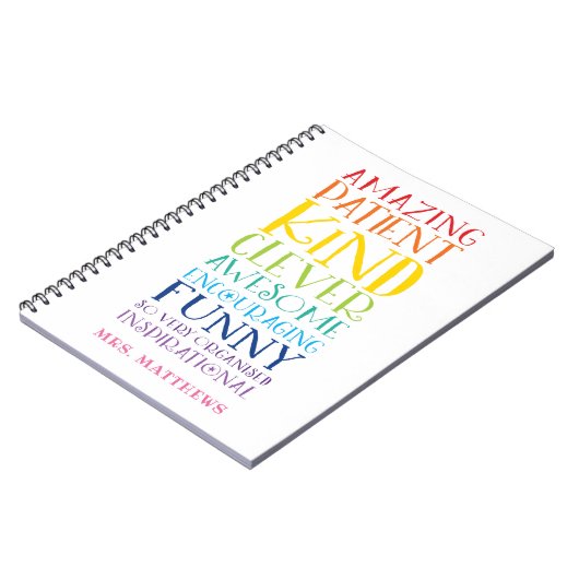 先生ギフトカラフル虹浮き上がり語群 ノートブック (左側)