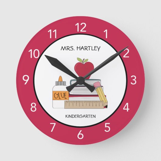 先生クラスルームレッドアップカスタムル ラウンド壁時計 (正面)