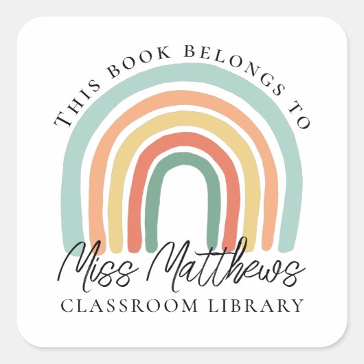 先生クラスルーム図書室レインボー蔵書票 スクエアシール (正面)