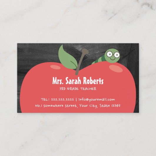 先生チューターキュートなアップル&ワーム素朴の黒板 名刺 (正面)
