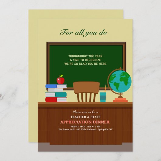 先生デスク感謝ディナー招待状 招待状 (正面/裏面)