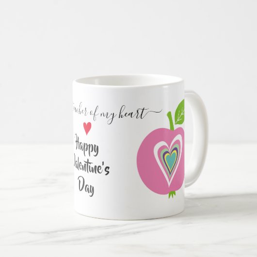 先生バレンタインデーカラフルハートピンクのリンゴ コーヒーマグカップ (正面右)