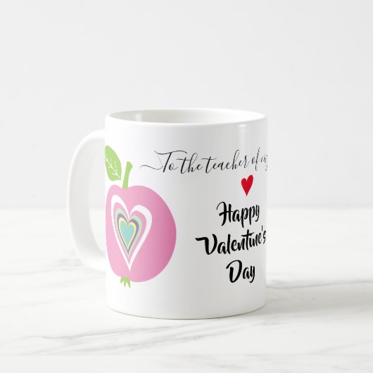 先生バレンタインデーカラフルハートピンクのリンゴ コーヒーマグカップ (正面左)