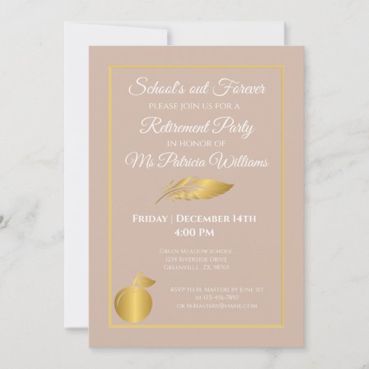 先生パステルエレガントブラウン金ゴールド退職パーティー 招待状 (正面)