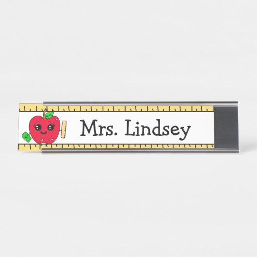 先生パーソナライズされたの漫画のリンゴとルーラー デスクネームプレート (正面)