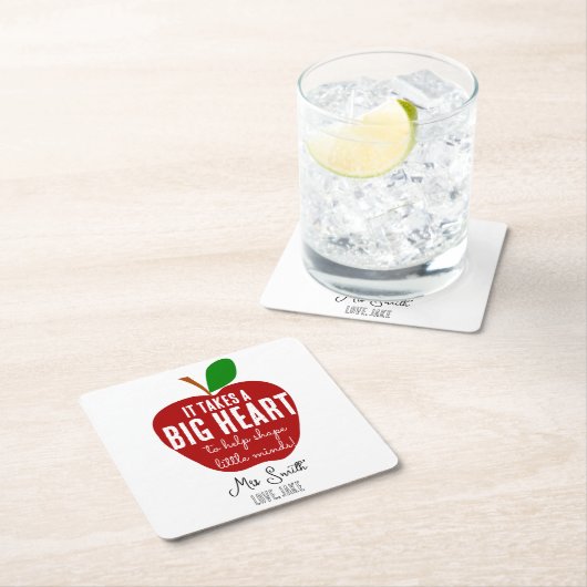先生パーソナライズされたサンキューアップルのビッグハート スクエアペーパーコースター (インサイチュ)