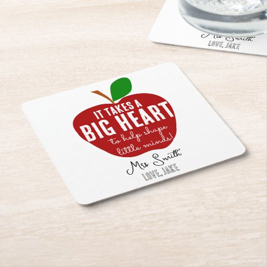 先生パーソナライズされたサンキューアップルのビッグハート スクエアペーパーコースター (アングル)