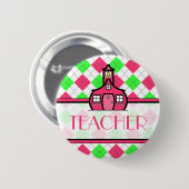 先生ボタンの-ピンクおよび緑のアーガイル 缶バッジ (正面&裏面)