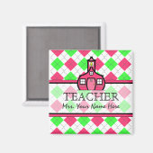 先生マグネット – ホットピンク&ライムグリーンアーガイル マグネット (正面/裏面)