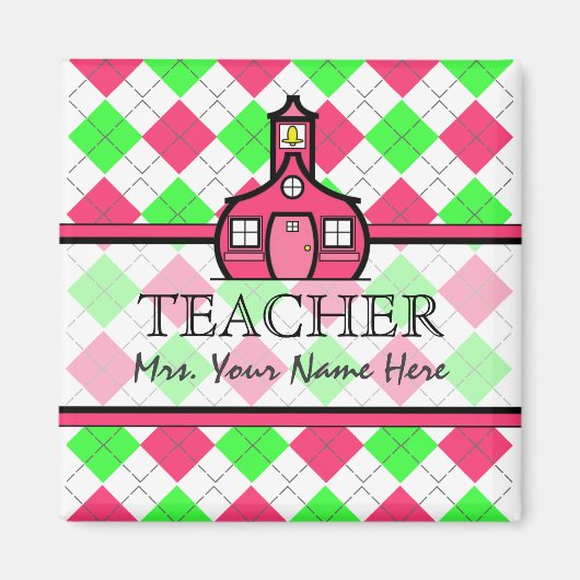 先生マグネット – ホットピンク&ライムグリーンアーガイル マグネット (正面)