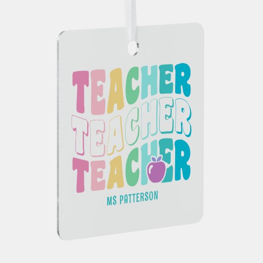 先生モダンレインボー色の名パーソナライズされた前 メタルオーナメント (正面右)